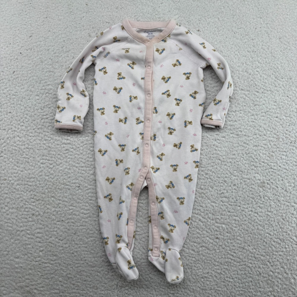 Ralph Lauren Pajama Polo Pink Bear Footed Coverall Baby Girl 6M Snap Buttons